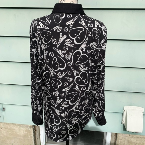Catherine Malandrino Black & white heart button up collared long sleeve blouse - Picture 2 of 8